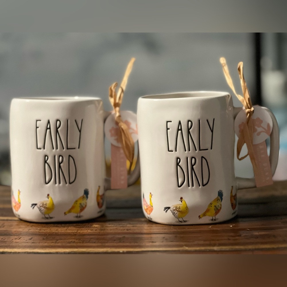 RAE DUNN Early Bird Ceramic Mug Set of two - White with Colorful Birds